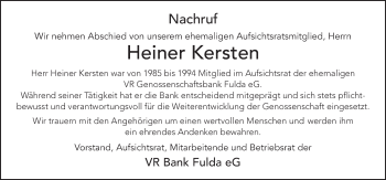 Traueranzeige von Heiner Kersten von FZ