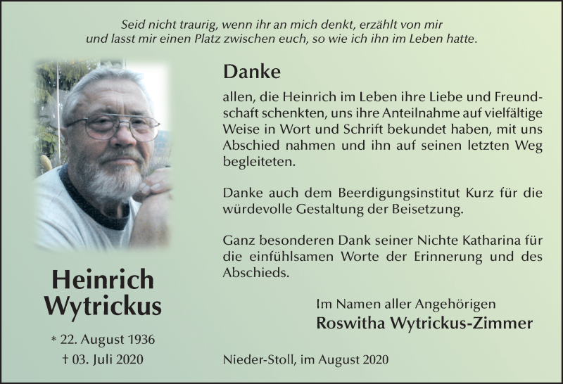  Traueranzeige für Heinrich Wytrickus vom 08.08.2020 aus FZ