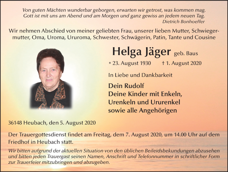  Traueranzeige für Helga Jäger vom 05.08.2020 aus FZ