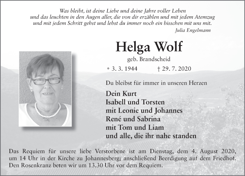  Traueranzeige für Helga Wolf vom 01.08.2020 aus FZ