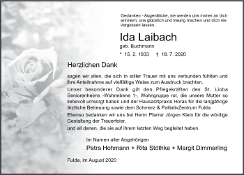 Traueranzeige von Ida Laibach von FZ