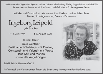 Traueranzeige von Ingeborg Leipold von FZ