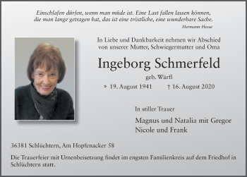 Traueranzeige von Ingeborg Schmerfeld von FZ