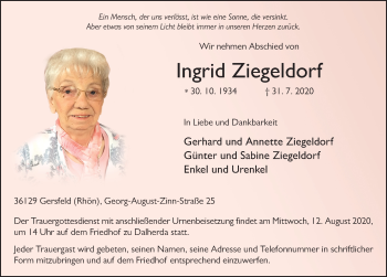 Traueranzeige von Ingrid Ziegeldorf von FZ