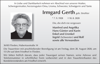 Traueranzeige von Irmgard Gerth von FZ
