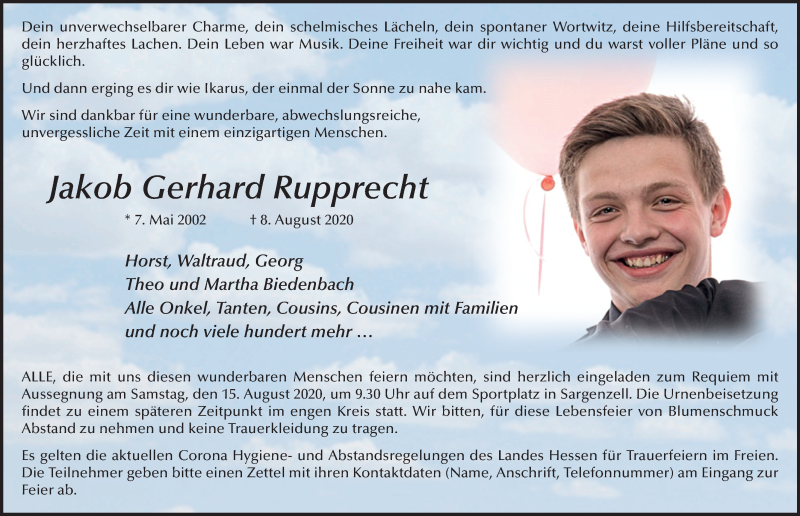  Traueranzeige für Jakob Gerhard Rupprecht vom 13.08.2020 aus FZ