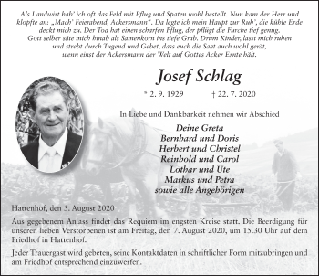 Traueranzeige von Josef Schlag von FZ
