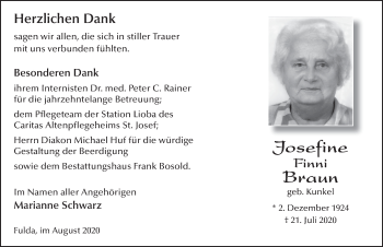 Traueranzeige von Josefine Braun von FZ