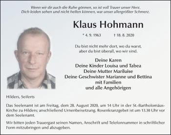 Traueranzeige von Klaus Hohmann von FZ