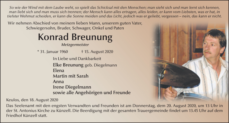 Traueranzeige für Konrad Breunung vom 18.08.2020 aus FZ