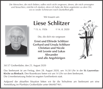 Traueranzeige von Liese Schlitzer von FZ