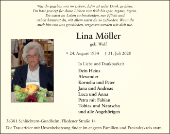 Traueranzeige von Lina Möller von FZ