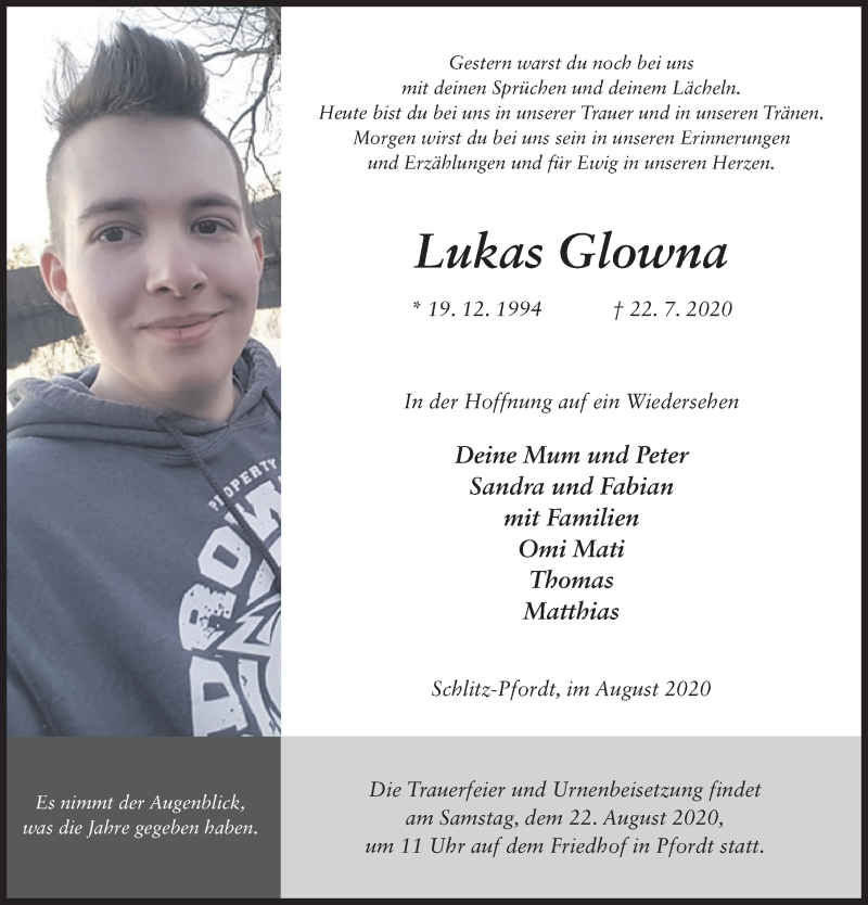  Traueranzeige für Lukas Glowna vom 20.08.2020 aus FZ