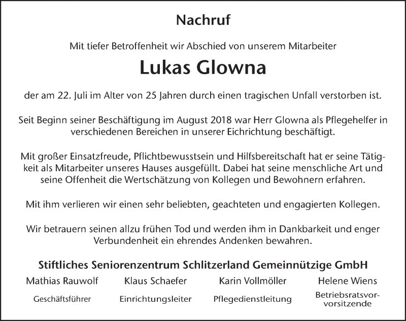  Traueranzeige für Lukas Glowna vom 20.08.2020 aus FZ