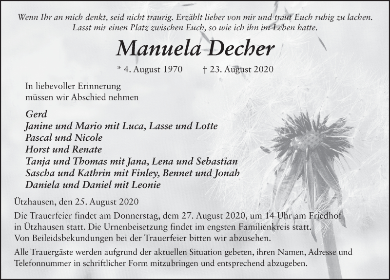  Traueranzeige für Manuela Decher vom 25.08.2020 aus FZ