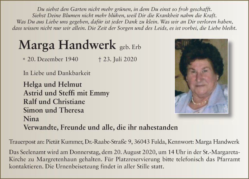  Traueranzeige für Marga Handwerk vom 06.08.2020 aus FZ