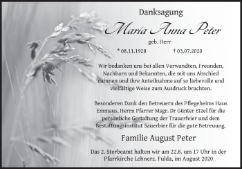 Traueranzeige von Maria Anna Peter von FZ