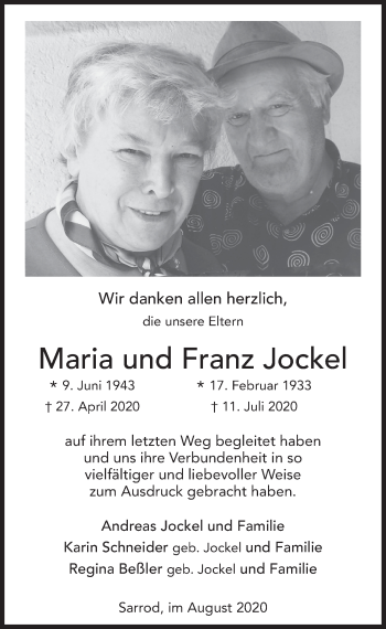 Traueranzeige von Maria und Franz Jockel von FZ