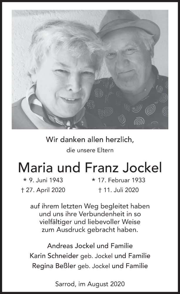  Traueranzeige für Maria und Franz Jockel vom 03.08.2020 aus FZ