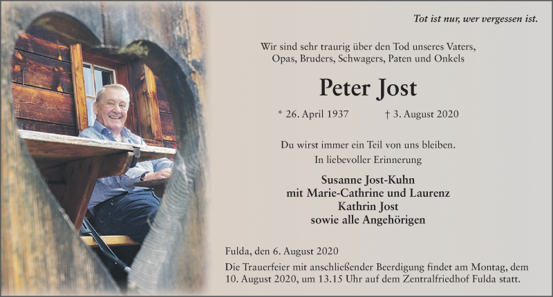 Traueranzeige für Peter Jost vom 06.08.2020 aus FZ