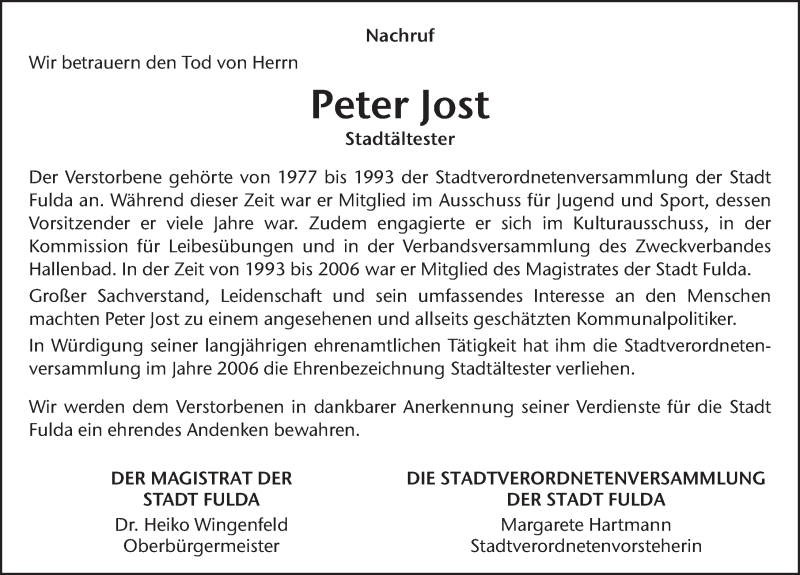  Traueranzeige für Peter Jost vom 06.08.2020 aus FZ
