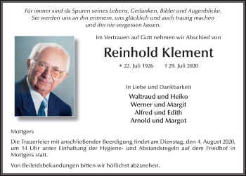 Traueranzeige von Reinhold Klement von FZ