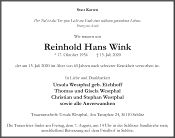 Traueranzeige von Reinhold Hans Wink von FZ