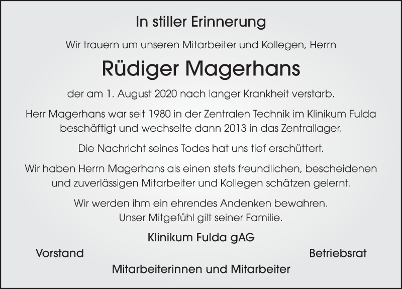  Traueranzeige für Rüdiger Magerhans vom 11.08.2020 aus FZ
