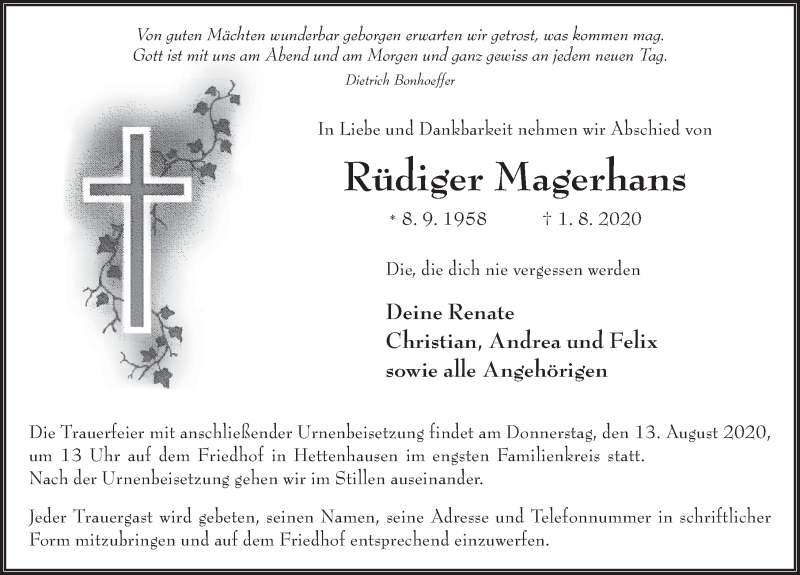  Traueranzeige für Rüdiger Magerhans vom 11.08.2020 aus FZ