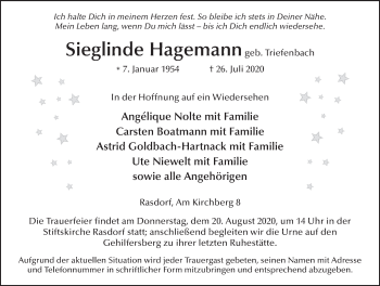 Traueranzeige von Sieglinde Hagemann von FZ