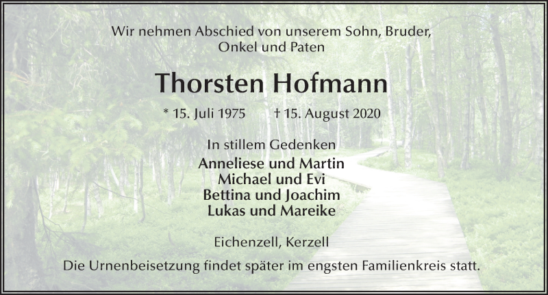  Traueranzeige für Thorsten Hofmann vom 22.08.2020 aus FZ