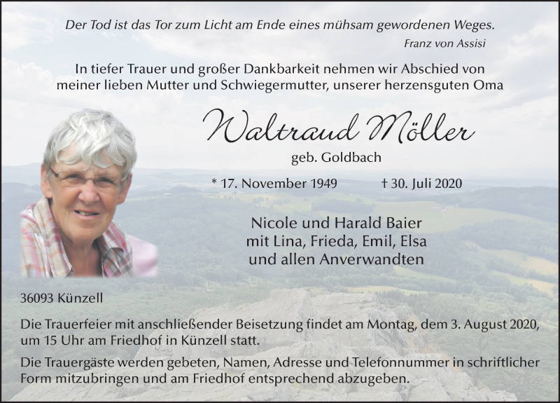  Traueranzeige für Waltraud Möller vom 01.08.2020 aus FZ