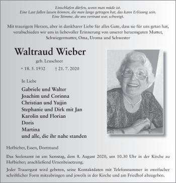 Traueranzeige von Waltraud Wieber von FZ