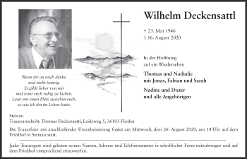 Traueranzeige von Wilhelm Deckensattl von FZ