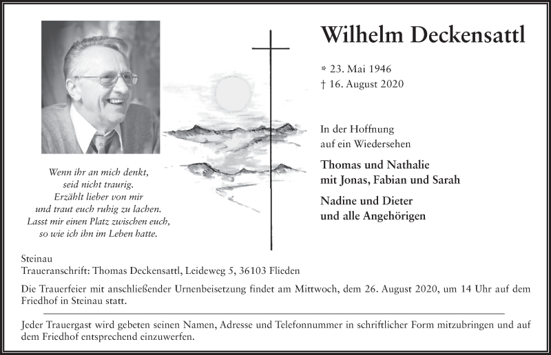  Traueranzeige für Wilhelm Deckensattl vom 22.08.2020 aus FZ