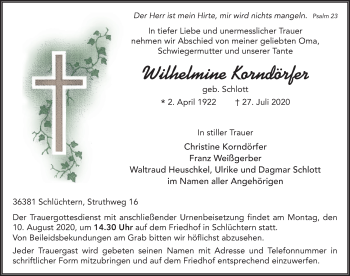 Traueranzeige von Wilhelmine Korndörfer von FZ