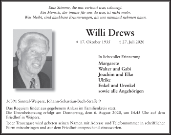 Traueranzeige von Willi Drews von FZ