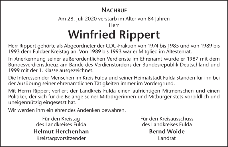  Traueranzeige für Winfried Rippert vom 01.08.2020 aus FZ
