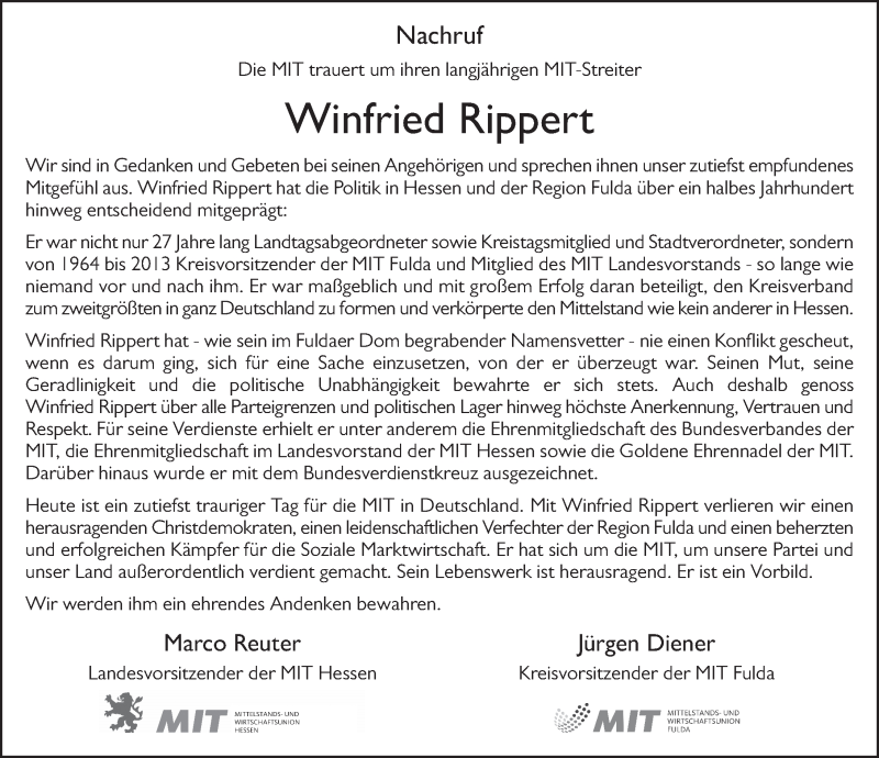  Traueranzeige für Winfried Rippert vom 01.08.2020 aus FZ