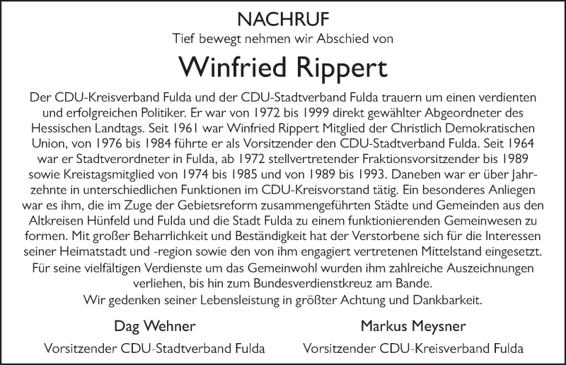  Traueranzeige für Winfried Rippert vom 01.08.2020 aus FZ