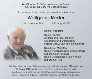 Traueranzeige von Wolfgang Reder von FZ