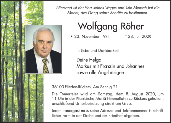 Traueranzeige von Wolfgang Röher von FZ