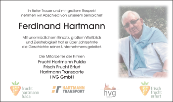 Traueranzeige von Ferdinand Hartmann von FZ
