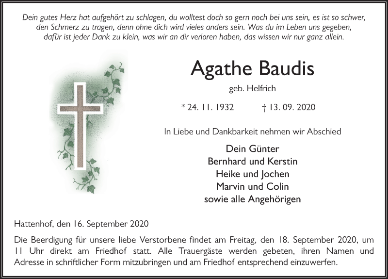  Traueranzeige für Agathe Baudis vom 16.09.2020 aus FZ