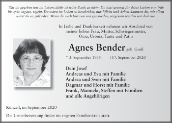 Traueranzeige von Agnes Bender von FZ