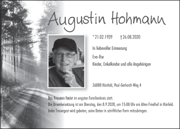 Traueranzeige von Augustin Hohmann von FZ