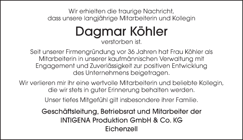  Traueranzeige für Dagmar Köhler vom 12.09.2020 aus FZ