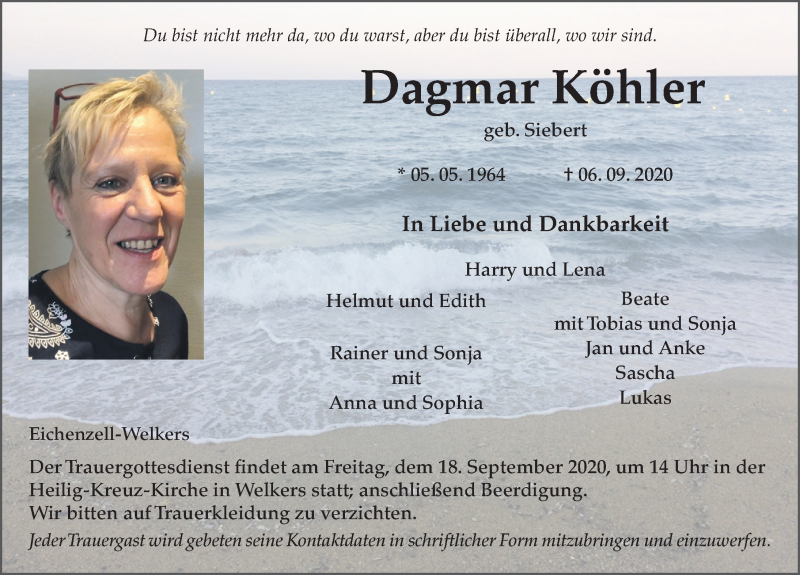  Traueranzeige für Dagmar Köhler vom 12.09.2020 aus FZ