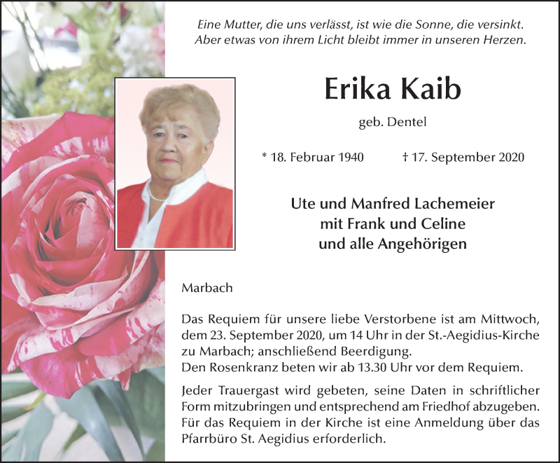  Traueranzeige für Erika Kaib vom 21.09.2020 aus FZ