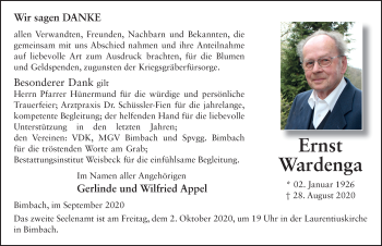 Traueranzeige von Ernst Wardenga von FZ